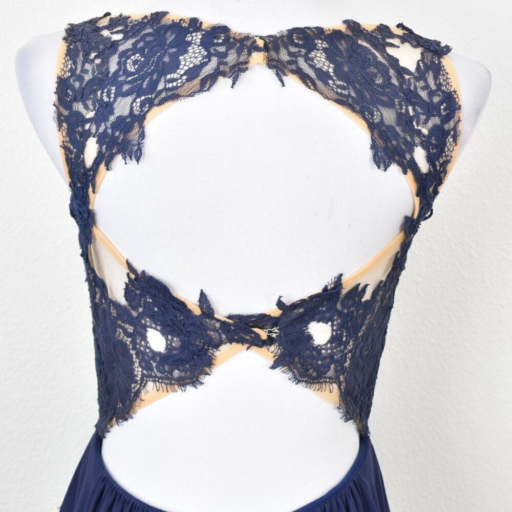 Sherri Hill 5207 Navy Blue Lace Illusion Open Back Gown - 12 - Picture 5 of 14